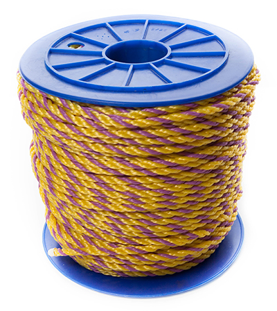 Yellow and magenta NDT barricade rope on a spool