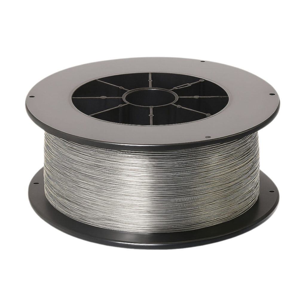 Metal-cored alloy welding wire on a black industrial spool