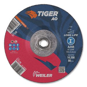 Tiger® AO Grinding Wheel, 6 in dia x 1/4 in Thick, 5/8 in-11 UNC Arbor, A24R, Type 27 (10/Bx)