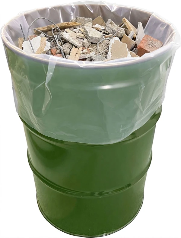 Clear heavy-duty liner fitted over a 55-gallon drum