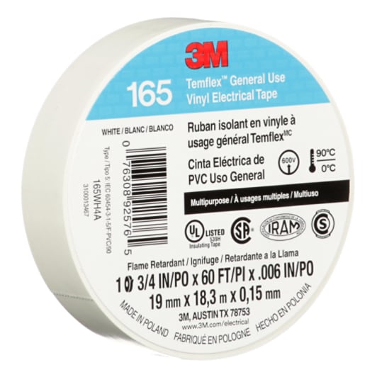 3M Temflex 165 White Vinyl Electrical Tape, 3/4 in x 60 ft, 10/Case