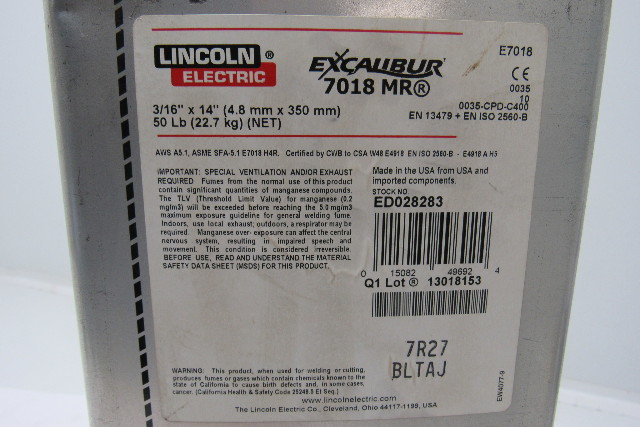 Lincoln Electric Excalibur 7018 MR 3/16 inch electrodes, 50 lb can