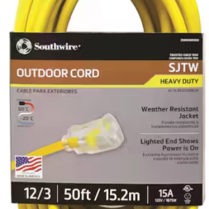 Southwire 50 ft. 12/3 SJTW Hi-Visibility Outdoor Heavy-Duty Extension Cord with Power Light Plug