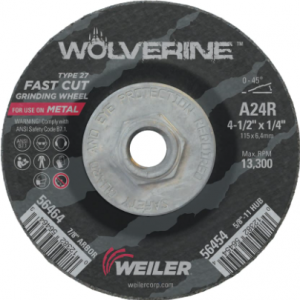 Wolverine® Grinding Wheel, 4-1/2 in dia x 5/8 in-11 UNC Arbor x 1/4 in Thick, AO, 24R (10/Bx)