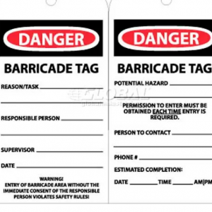 NMC RPT172 Accident Prevention Tag, "DANGER BARRICADE TAG", 3" Width x 6" Height, Unrippable Vinyl,