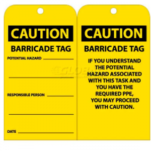 NMC RPT166 Tags, Caution Barricade Tag, 6" X 3", Yellow/Black, 25/Pk