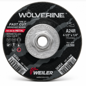 Wolverine® Grinding Wheel, 4-1/2 in dia x 5/8 in-11 UNC Arbor x 1/4 in Thick, AO, 24R (10/Bx)