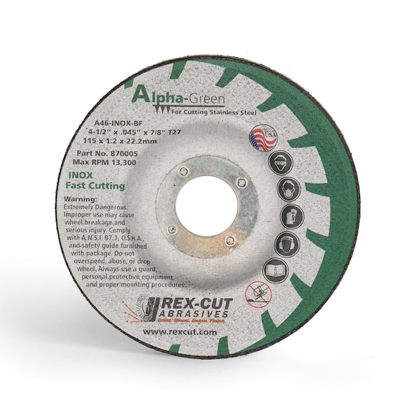 Rex-Cut Alpha-Green Type 27 Cut-Off Wheel, 4-1/2 in x .045 in x 7/8 in, 46 Grit